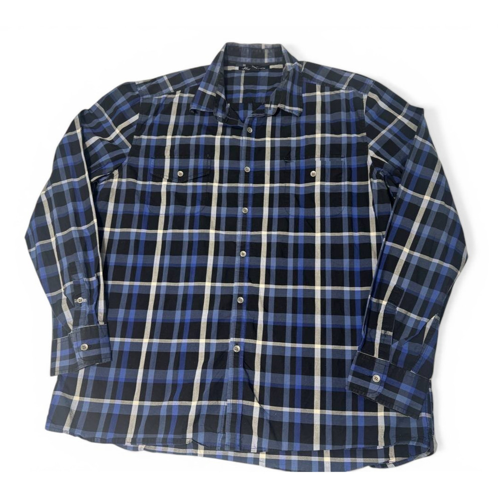 Kenneth Cole Button Up Shirt Men XXL Blue Plaid Long Sleeve Casual